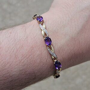 14K Yellow & White Gold Amethyst X Link Style Tennis Bracelet 7 Inches